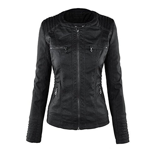 Minetom Mujer Invierno Cremallera Jackets Chaquetas Deportiva Cuero Moto Cazadoras Imitacion Piel Biker Abrigos Con Capucha Negro ES 44