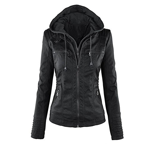 Minetom Mujer Invierno Cremallera Jackets Chaquetas Deportiva Cuero Moto Cazadoras Imitacion Piel Biker Abrigos Con Capucha Negro ES 44
