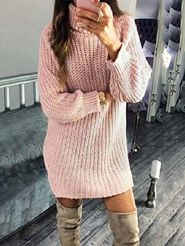 Minetom Mujer Otoño Invierno Cuello Alto Manga Larga Jerséy Suéter Jumper Vestido de Punto Chic Cálido Flojo Pullover Mini Dress Rosa ES 40