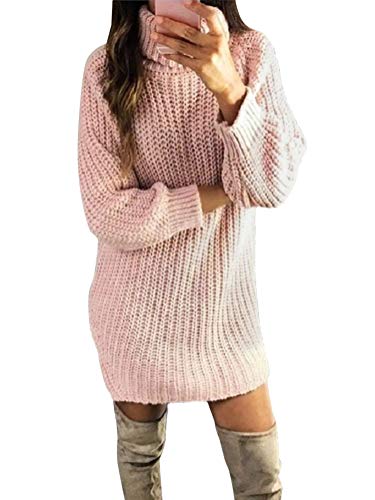 Minetom Mujer Otoño Invierno Cuello Alto Manga Larga Jerséy Suéter Jumper Vestido de Punto Chic Cálido Flojo Pullover Mini Dress Rosa ES 40