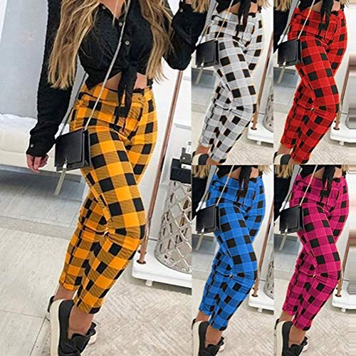 Minetom Mujer Pantalones Ajustados A Cuadros Elegante Vintage Slim Fit Básicos Casual Pantalón Moda Skinny Pants Amarillo XX-Large