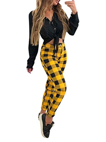 Minetom Mujer Pantalones Ajustados A Cuadros Elegante Vintage Slim Fit Básicos Casual Pantalón Moda Skinny Pants Amarillo XX-Large