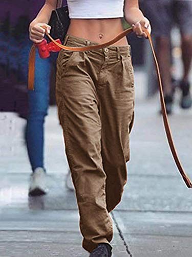 Minetom Mujer Pantalones Casual con Bolsillos Baggy Hip Hop Pantalón Suelto Deportivo Pantalones de Cargo Deporte Caqui XS