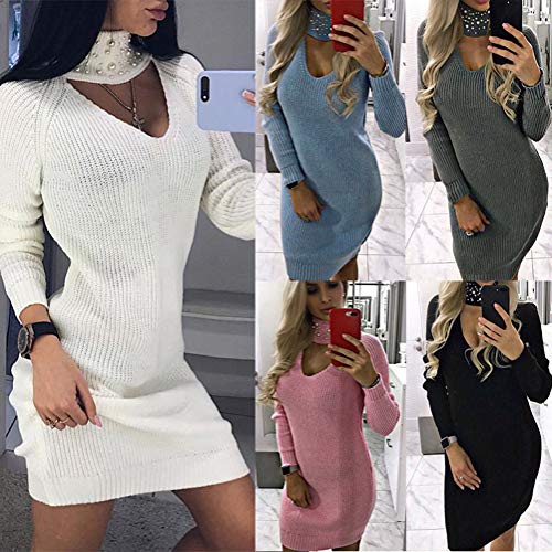 Minetom Mujer Vestido de Invierno Primavera Casual Escote en V Manga Larga Suelto Fiesta Jersey Suéter Largo con Cuentas B Gris 42