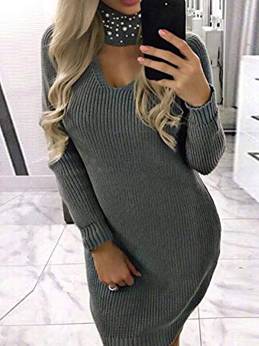 Minetom Mujer Vestido de Invierno Primavera Casual Escote en V Manga Larga Suelto Fiesta Jersey Suéter Largo con Cuentas B Gris 42