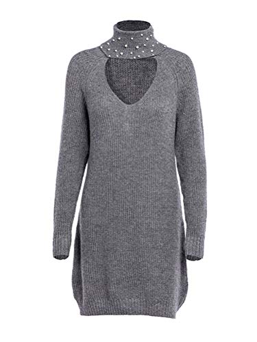 Minetom Mujer Vestido de Invierno Primavera Casual Escote en V Manga Larga Suelto Fiesta Jersey Suéter Largo con Cuentas B Gris 42