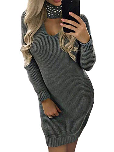 Minetom Mujer Vestido de Invierno Primavera Casual Escote en V Manga Larga Suelto Fiesta Jersey Suéter Largo con Cuentas B Gris 42