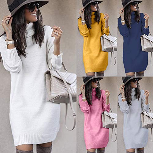 Minetom Mujeres de Punto Vestido Cuello Alto Manga Larga Mini Dress Color Sólido Otoño Invierno Suéter Largo Blanco 34