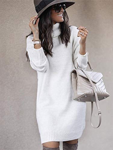 Minetom Mujeres de Punto Vestido Cuello Alto Manga Larga Mini Dress Color Sólido Otoño Invierno Suéter Largo Blanco 34