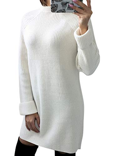 Minetom Otoño Invierno Vestido de Punto Mujer Fiesta Casual Manga Larga Mini Dress Flojos Jersey Suéter Largo Sólido Pullover Blanco ES 34