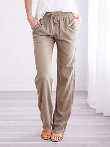 Minetom Pantalones Largos de Lino para Mujer Verano Pantalones Acampanados Casual Baggy Pantalón Palazzo con Bolsillos Cordón B Caqui L