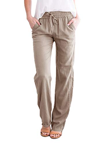 Minetom Pantalones Largos de Lino para Mujer Verano Pantalones Acampanados Casual Baggy Pantalón Palazzo con Bolsillos Cordón B Caqui M