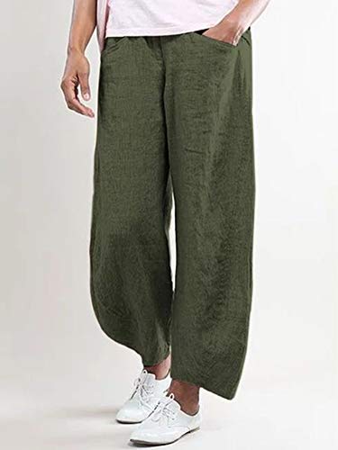 Minetom Pantalones Largos de Lino para Mujer Verano Pantalones Casual Cómodo Baggy Pantalón Palazzo de Pierna Ancha A Verde Militar XXL