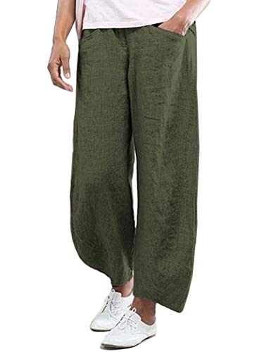 Minetom Pantalones Largos de Lino para Mujer Verano Pantalones Casual Cómodo Baggy Pantalón Palazzo de Pierna Ancha A Verde Militar XXL