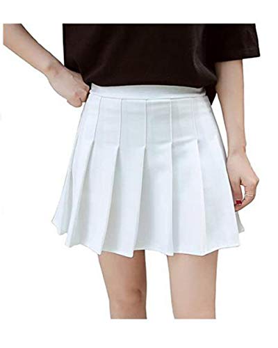 Mini Falda Mujer Plisada, Faldas de Escuela de Tenis para niñas, Elegante Invierno Alta Cinturilla Elástica de Encaje Doble de la Colegiala (Blanco, L)