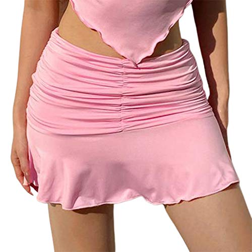 Minifalda con Volantes Fruncidos para Mujer, sin Mangas, sin Espalda, con Cuello Halter, Top Corto, Falda de Tenis elástica, Conjuntos de Verano Y2K (Pink Skirt, Large)