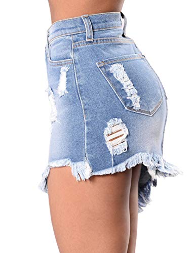 Minifalda De Mezclilla De Verano Sexy De Talle Alto Rasgada Borla Jeans para Mujer Azul Claro S