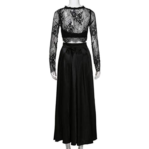 MJY Moda mujer Crop Top + Falda larga, conjunto de dos piezas Vestido largo de encaje Vestido de manga larga Prom Fiesta formal,Negro,M = UK 10 (Busto: 90-94cm)