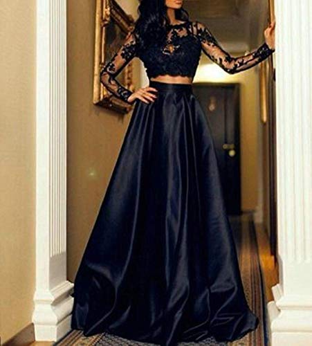 MJY Moda mujer Crop Top + Falda larga, conjunto de dos piezas Vestido largo de encaje Vestido de manga larga Prom Fiesta formal,Negro,M = UK 10 (Busto: 90-94cm)