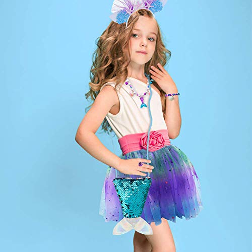 MMTX Faldas Tutu Tul Costume Regalo para Niñas Disfraces Sirena Cosplay Fiesta Danza Faldas 6 Piezas Sirena Joyas Set Sirena Diadema Collar Pulsera Anillo Pendiente para 3-8 Años Niñas Cumpleaño (M)