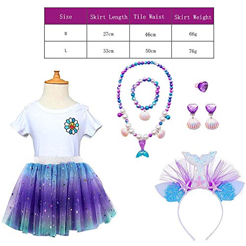 MMTX Faldas Tutu Tul Costume Regalo para Niñas Disfraces Sirena Cosplay Fiesta Danza Faldas 6 Piezas Sirena Joyas Set Sirena Diadema Collar Pulsera Anillo Pendiente para 3-8 Años Niñas Cumpleaño (M)