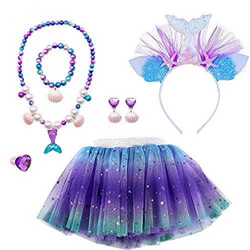 MMTX Faldas Tutu Tul Costume Regalo para Niñas Disfraces Sirena Cosplay Fiesta Danza Faldas 6 Piezas Sirena Joyas Set Sirena Diadema Collar Pulsera Anillo Pendiente para 3-8 Años Niñas Cumpleaño (M)