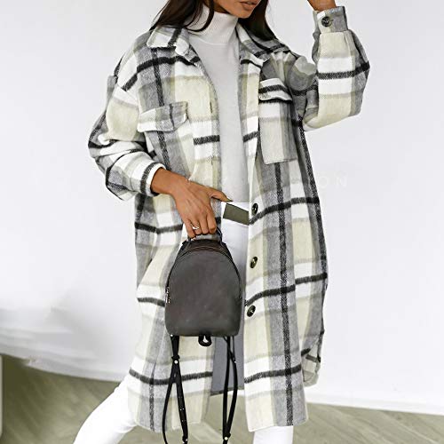 MoneRffi Camisas a Cuadros para Mujer Camisa de Manga Larga con Cuello Abotonado y Solapa Abrigo de Gran Tamaño a Cuadros Chaqueta Blusa para Novio Tops Casuales Clásicos Sueltos(Gris，M)