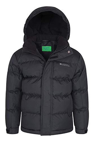 Mountain Warehouse Chaqueta Acolchada Snow Niños Resistente al Agua. Tejido Ripstop, con Forro Polar Interior, puños Ajustables, Dos Bolsillos, Invierno Negro 11-12 Años