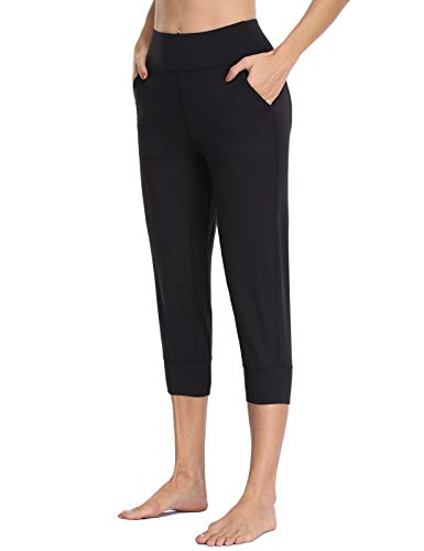 MOVE BEYOND Pantalones Piratas Capris de Deporte para Mujer con 4 Bolsillos Cintura Alta Jogger de Gimnasia Yoga, Negro, XL