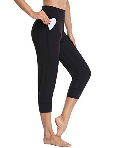 MOVE BEYOND Pantalones Piratas Capris de Deporte para Mujer con 4 Bolsillos Cintura Alta Jogger de Gimnasia Yoga, Negro, XL