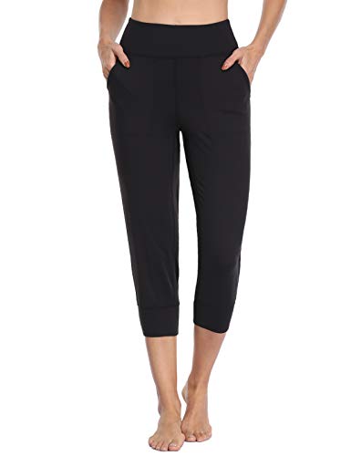 MOVE BEYOND Pantalones Piratas Capris de Deporte para Mujer con 4 Bolsillos Cintura Alta Jogger de Gimnasia Yoga, Negro, XL