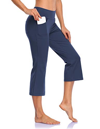 MOVE BEYOND Pantalones Piratas Capris de Yoga para Mujer de con 4 Bolsillos Pantalón de Pilates de Cintura Alta Yoga Gimnasio Running Training, Azul, M