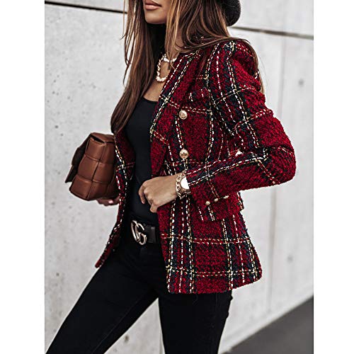 Mujer Blazer a Cuadros,Chaqueta De Traje Corto de Manga Larga con Doble Botonadura,Casual Slim Fit Chaqueta Blazer para Negocio Oficina Boda,Elegante Abrigo Cárdigans con Solapa y Bolsillos Rojo 3XL