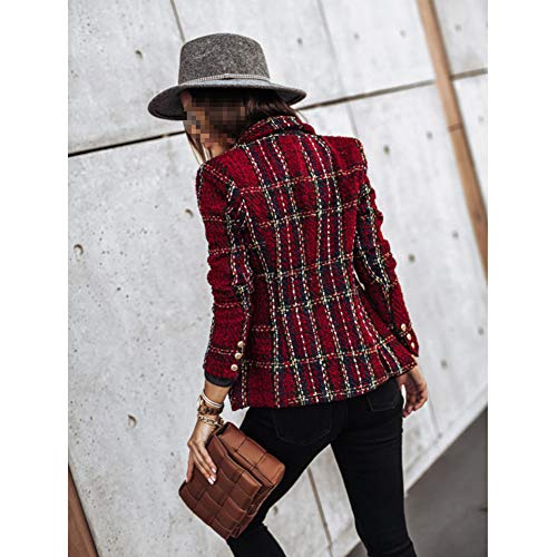 Mujer Blazer a Cuadros,Chaqueta De Traje Corto de Manga Larga con Doble Botonadura,Casual Slim Fit Chaqueta Blazer para Negocio Oficina Boda,Elegante Abrigo Cárdigans con Solapa y Bolsillos Rojo 3XL