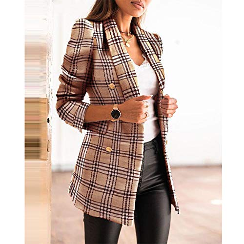 Mujer Blazer con Solapa de Doble Botonadura,Chaquetas de Traje a Cuadros Moda de Primavera y Otoño,Slim Fit Traje Corto de Manga Larga,Tops de Oficina de Trabajo,Elegante Abrigo Cárdigan Caqui XL