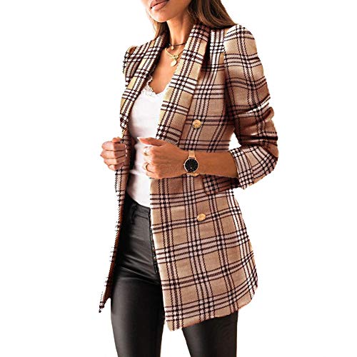 Mujer Blazer con Solapa de Doble Botonadura,Chaquetas de Traje a Cuadros Moda de Primavera y Otoño,Slim Fit Traje Corto de Manga Larga,Tops de Oficina de Trabajo,Elegante Abrigo Cárdigan Caqui XL