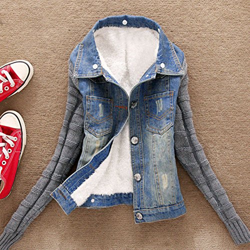 Mujer Cazadora Vaquera Azul Corta Denim Básica Clásica Casual Luckycat (Azul, Medio)