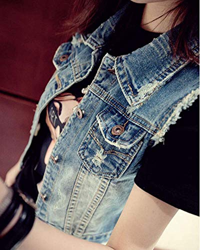 Mujer Chaleco Vaquero Ribete Sin Mangas con Bolsillos Párrafo Corto Lavado Slim Fit De Solapa para Señoras Azul Marino XL
