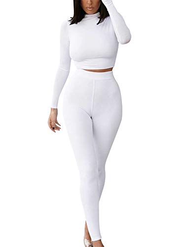 Mujer Chándal 2 Piezas Conjunto de Ropa Deportiva Traje de Deporte Color Sólido Top Camiseta Ajustada de Manga Larga + Pantalones Largos de Cintura Alta (Blanco 2, L)