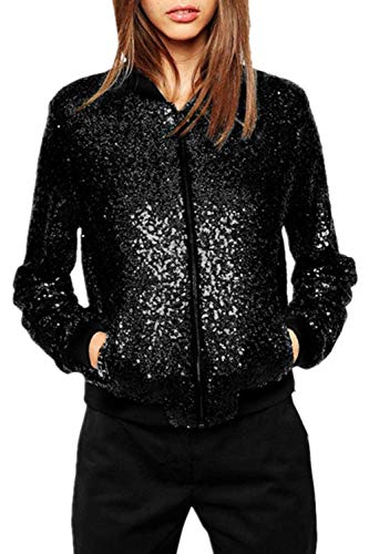 Mujer Chaqueta Casual con Lentejuelas Abrigo De Béisbol Informal Negro XXL