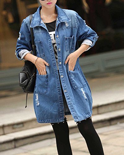 Mujer Chaqueta de Mezclilla Denim Jacket Suelto Manga Larga Chaqueta Otoño Jeans Larga Cárdigan Azul 4XL