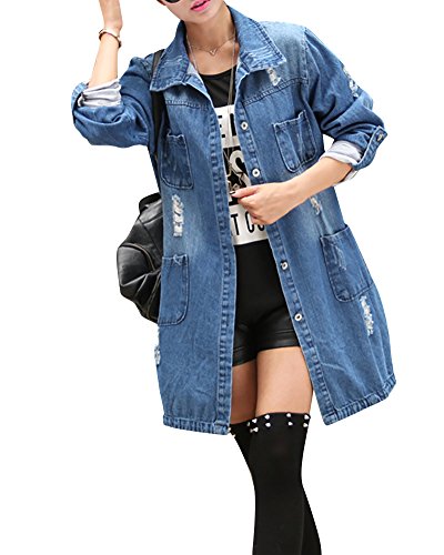 Mujer Chaqueta de Mezclilla Denim Jacket Suelto Manga Larga Chaqueta Otoño Jeans Larga Cárdigan Azul 4XL