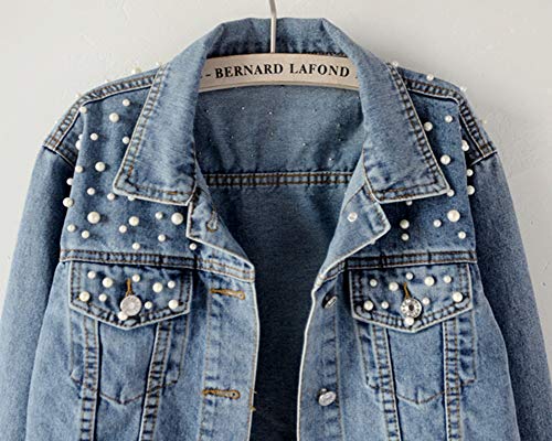 Mujer Chaqueta Vaquera con Botones Y Perla Manga Larga Casual Abrigo Azul 4XL