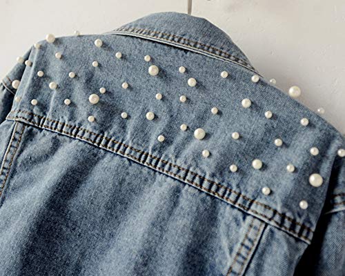 Mujer Chaqueta Vaquera con Botones Y Perla Manga Larga Casual Abrigo Azul 4XL