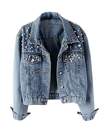 Mujer Chaqueta Vaquera con Botones Y Perla Manga Larga Casual Abrigo Azul 4XL