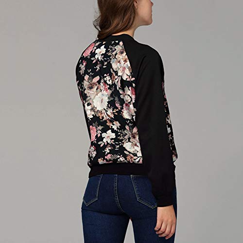 Mujer Chaquetas Bomber Vintage Manga Friends Outwear Floreadas Chic Fashion Larga Stand Cuello Casual Elegantes Primavera Otoño Chaqueta De Aviador Abrigos (Color : Schwarz, Size : L)