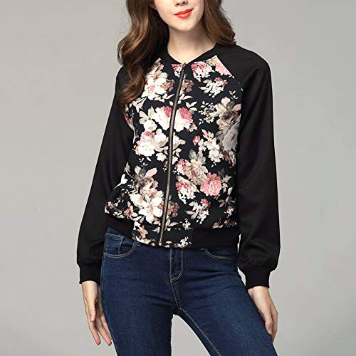 Mujer Chaquetas Bomber Vintage Manga Friends Outwear Floreadas Chic Fashion Larga Stand Cuello Casual Elegantes Primavera Otoño Chaqueta De Aviador Abrigos (Color : Schwarz, Size : L)
