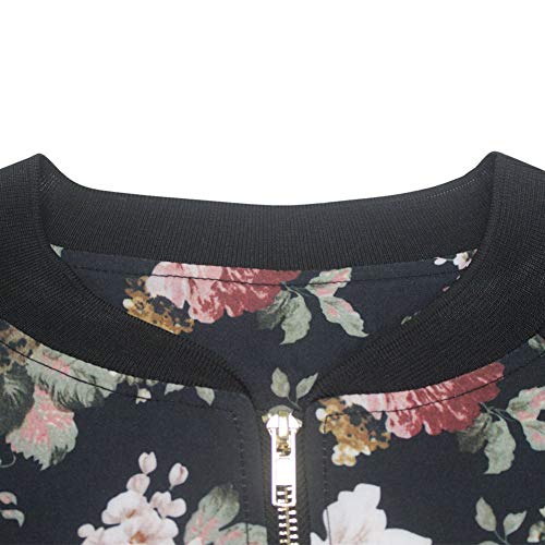 Mujer Chaquetas Bomber Vintage Manga Friends Outwear Floreadas Chic Fashion Larga Stand Cuello Casual Elegantes Primavera Otoño Chaqueta De Aviador Abrigos (Color : Schwarz, Size : L)