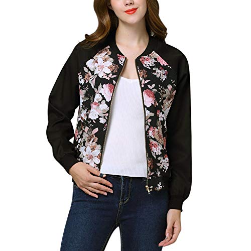 Mujer Chaquetas Bomber Vintage Manga Friends Outwear Floreadas Chic Fashion Larga Stand Cuello Casual Elegantes Primavera Otoño Chaqueta De Aviador Abrigos (Color : Schwarz, Size : L)