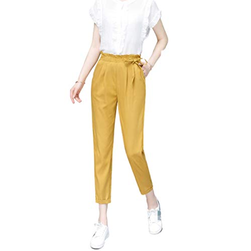 Mujer Cintura con Volantes Color sólido Diario Ocio Moda Pantalones de Cintura Alta Pantalones Harem Micro Plisados con cordón M